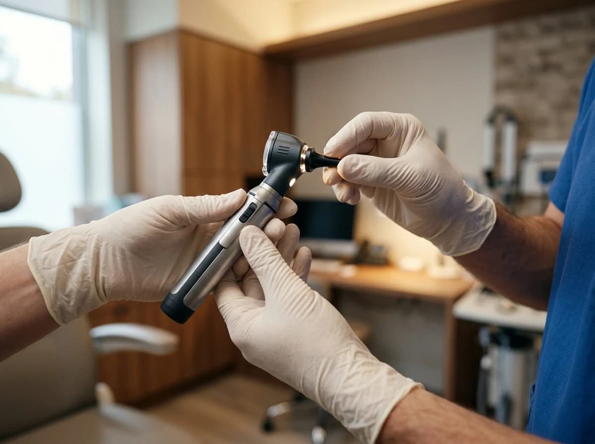 Audiologist's hands gently holding an otoscope, preparing for an ear examination.