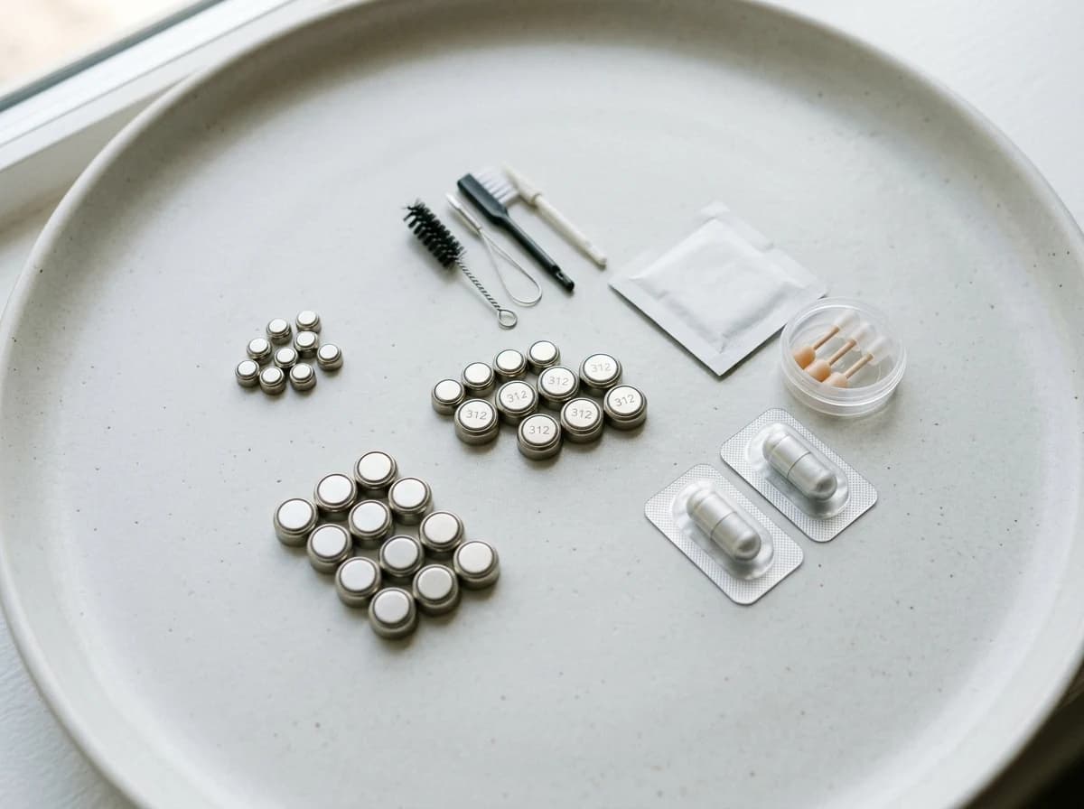 Neatly arranged display of various hearing aid batteries, cleaning tools, and accessories.