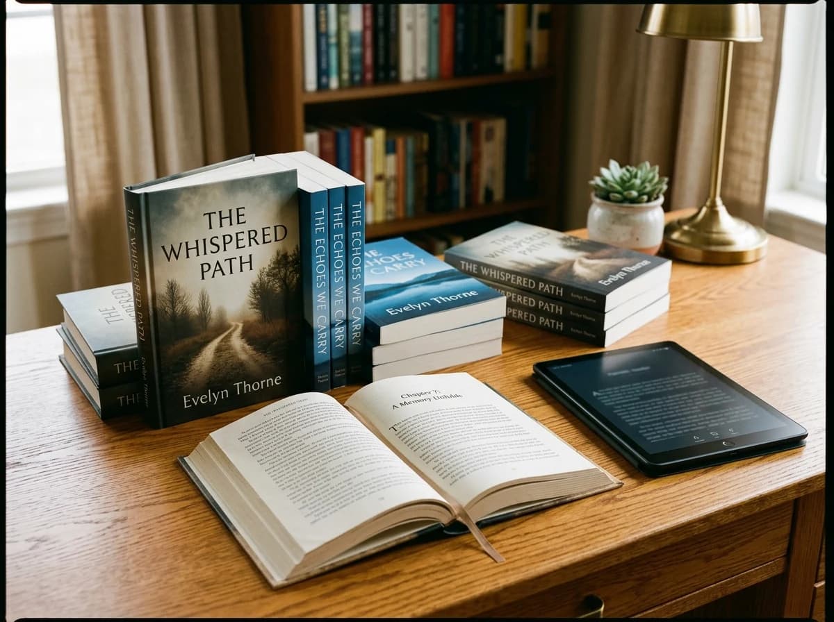A neatly arranged display of an author's published books, including hardcover and paperback editions, on a wooden surface.
