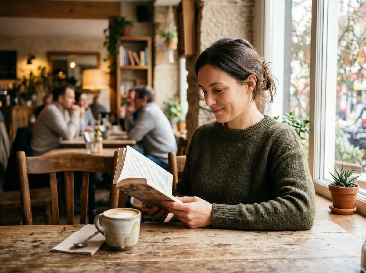 An adult comfortably reading a physical book at a sunlit cafe table, with a cup of coffee nearby, enjoying a quiet moment.