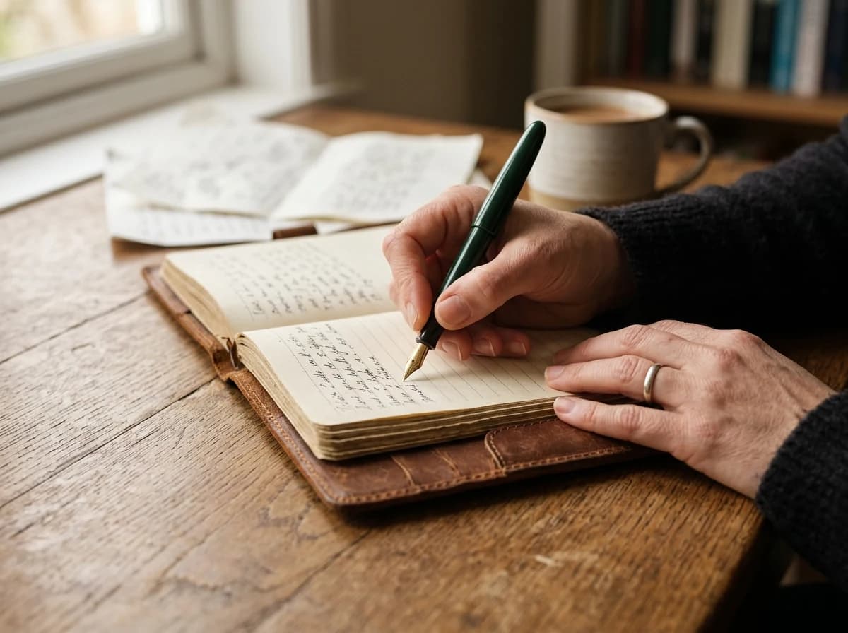 Adult hands holding a fountain pen, actively writing notes in a leather-bound journal on a wooden desk, surrounded by drafts.