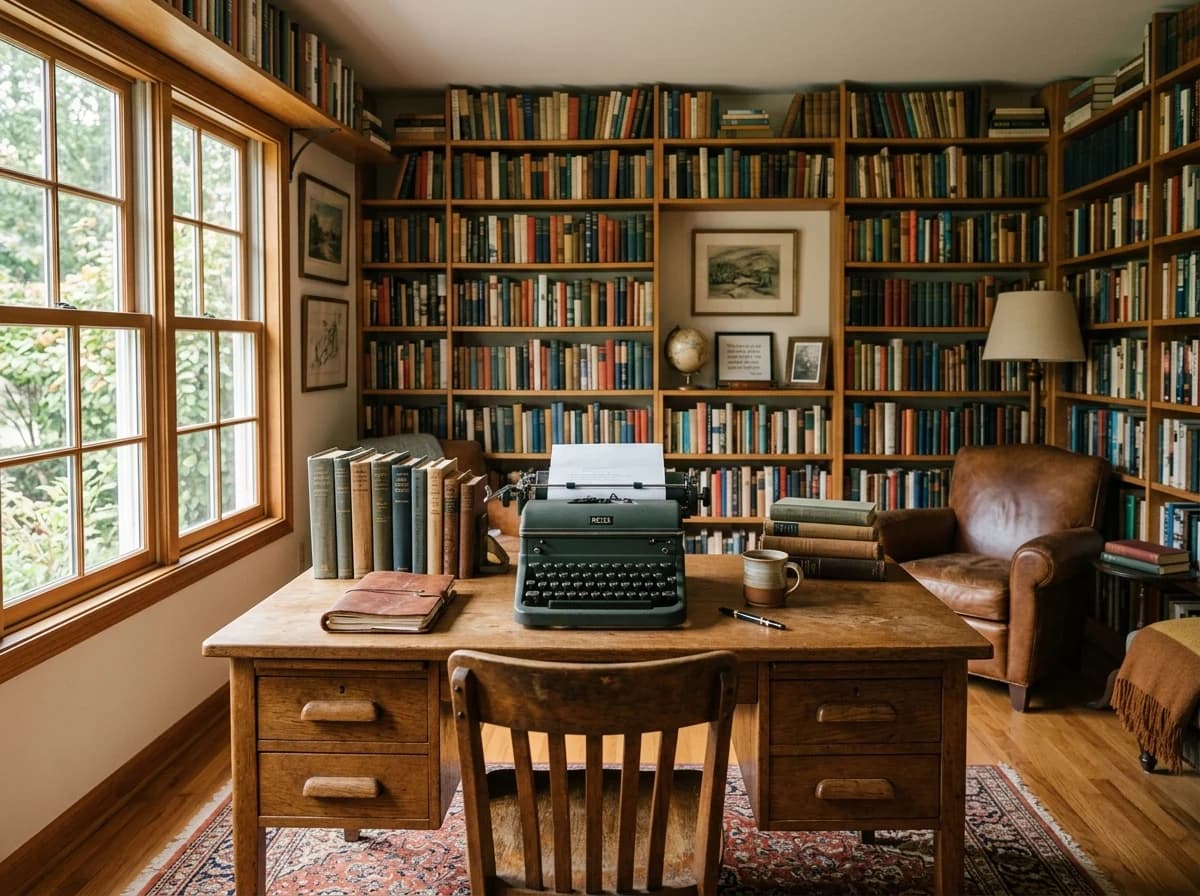 Inviting, well-organized home office space with a vintage wooden desk, bookshelves filled with diverse books, and natural light.