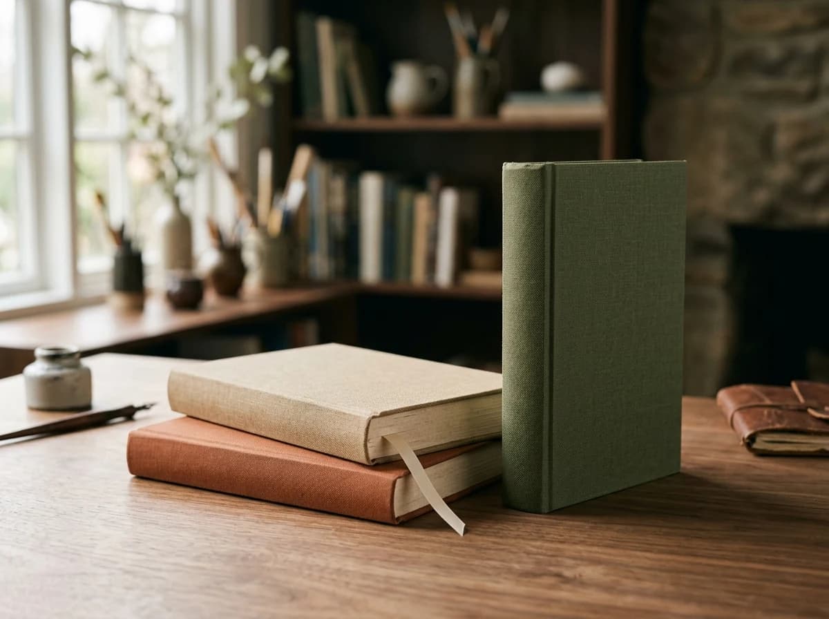 Three clothbound hardcover books with a ribbon bookmark on a walnut table
