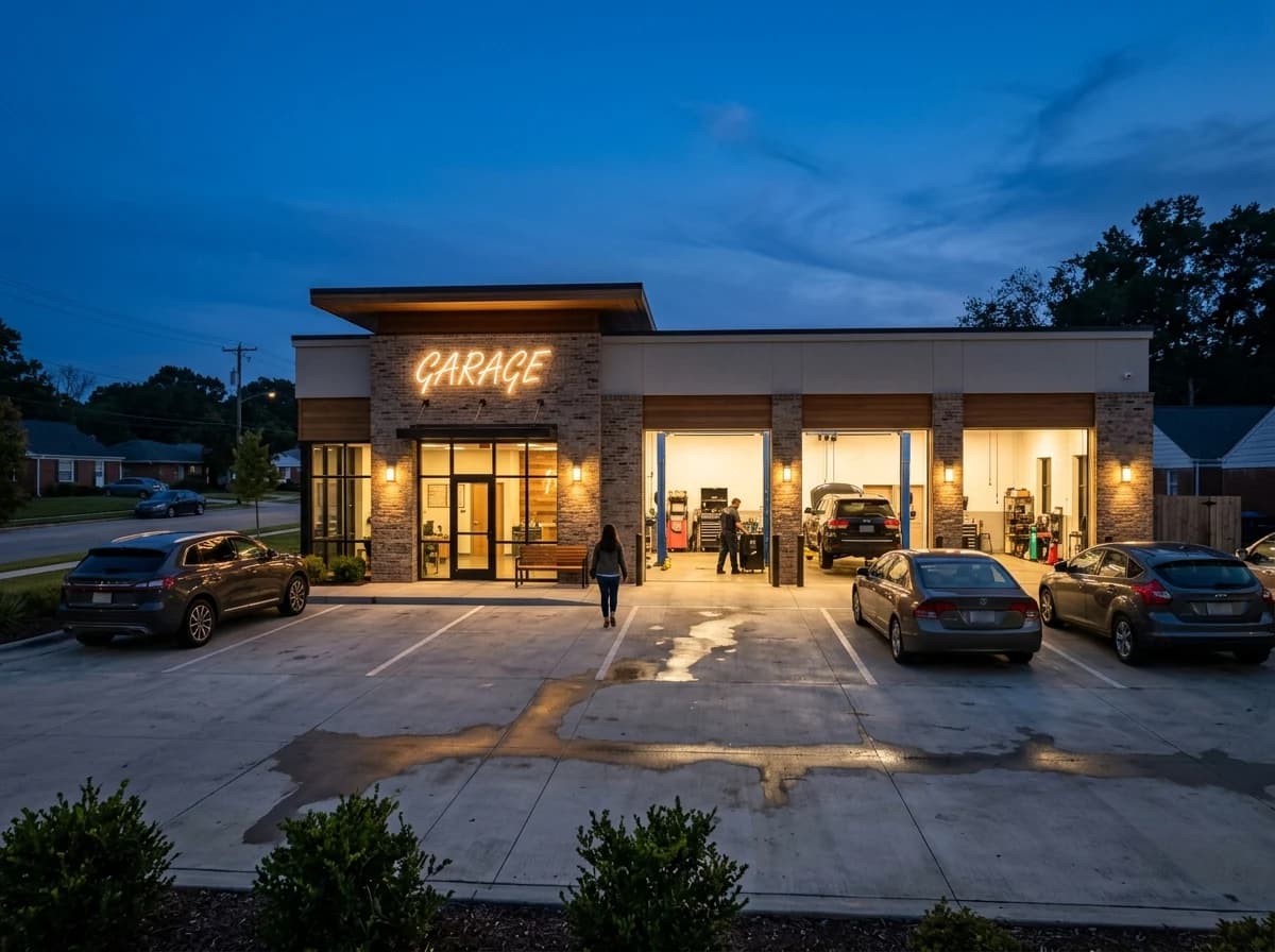 Well-maintained auto repair shop exterior at dusk, neon sign glowing, cars parked.