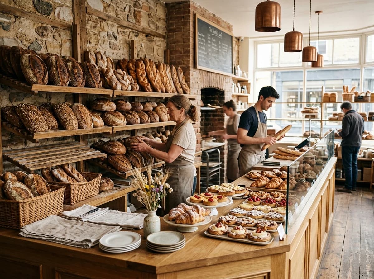 A warmly lit artisan bakery interior with rustic wooden shelves displaying fresh loaves of bread, pastries, and a welcoming counter.