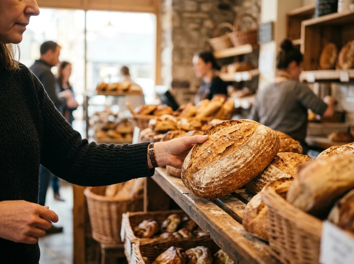 An adult customer's hand reaching for a fresh loaf of artisan bread from a rustic display shelf in a busy, authentic bakery environment.