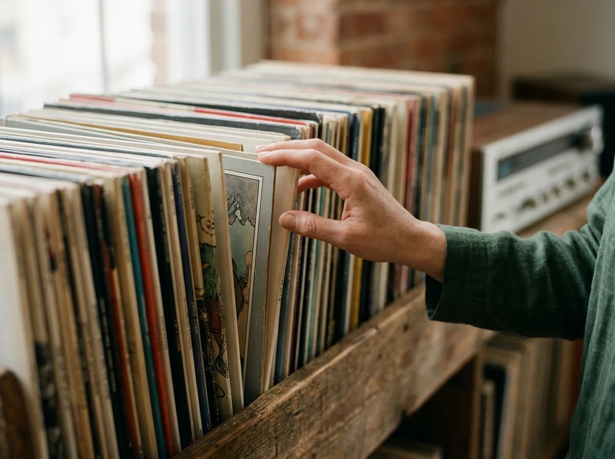 Close-up of a hand browsing a neatly organized collection of diverse vinyl records on a wooden shelf.