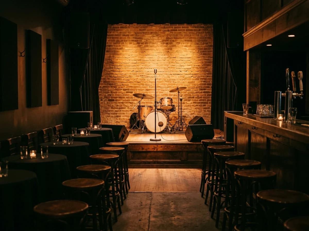 Empty intimate club venue with stage, microphone stand, drum kit, and warm stage lights illuminating a brick wall.