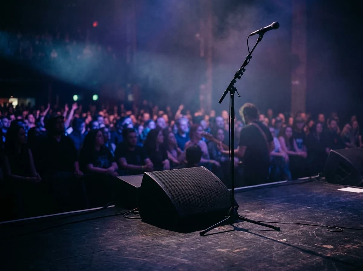 A view from behind a stage monitor looking out toward an audience in a dark, hazy venue filled with blue light.