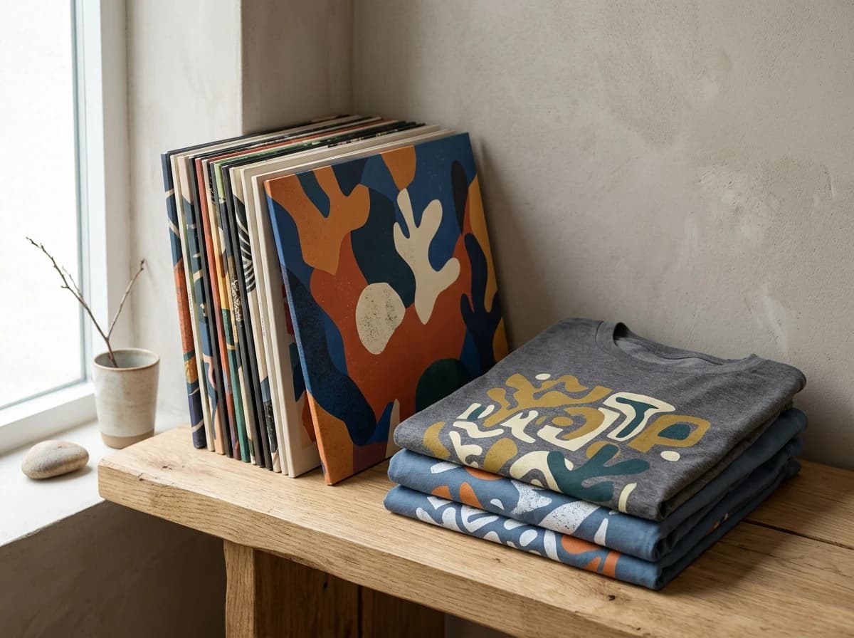 A stack of colorful vinyl records and screen-printed band t-shirts neatly arranged on a wooden table for fans to browse.
