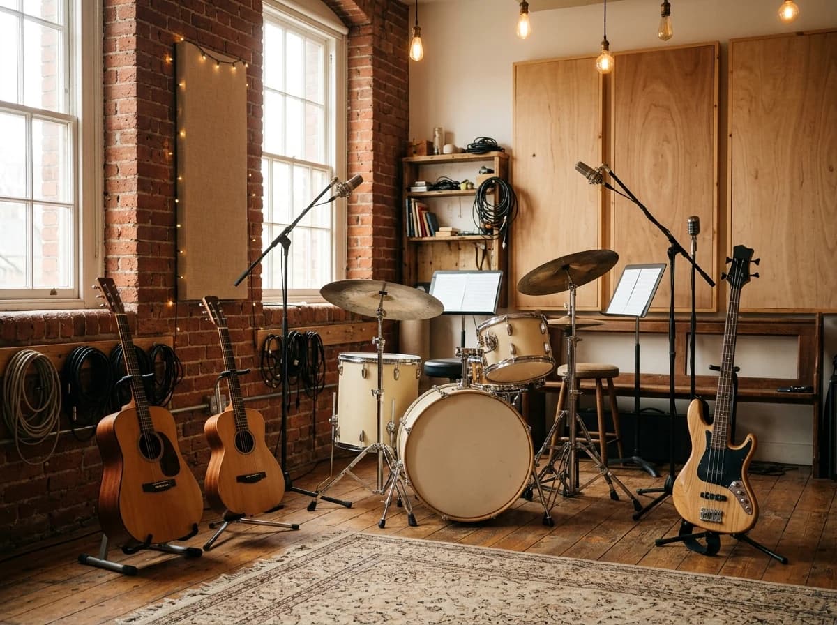 Unbranded guitars and a drum kit in a warm brick rehearsal room with soft afternoon light.