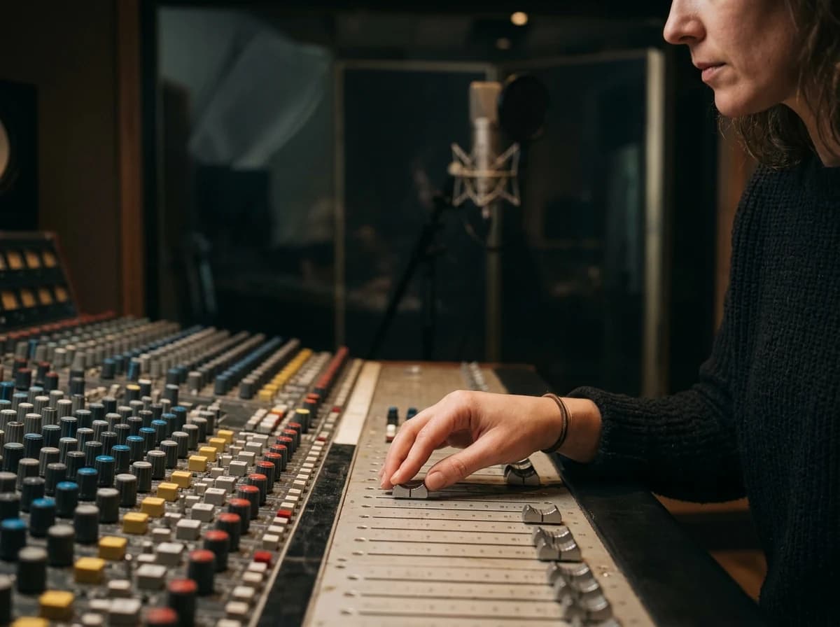 Close-up of hands adjusting tactile knobs and faders on a large analog mixing console in a professional recording studio.