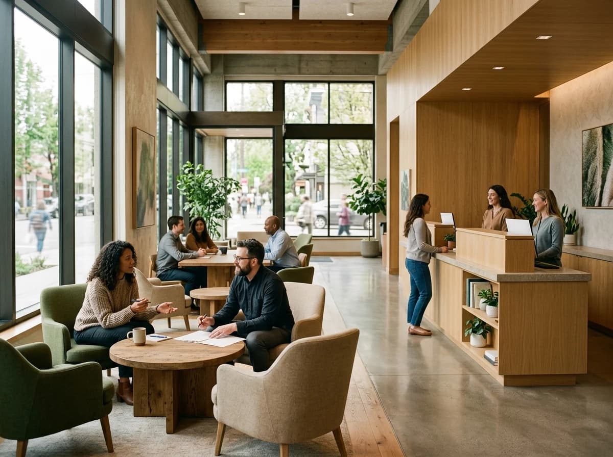 Customers and staff in a welcoming neighborhood bank branch.