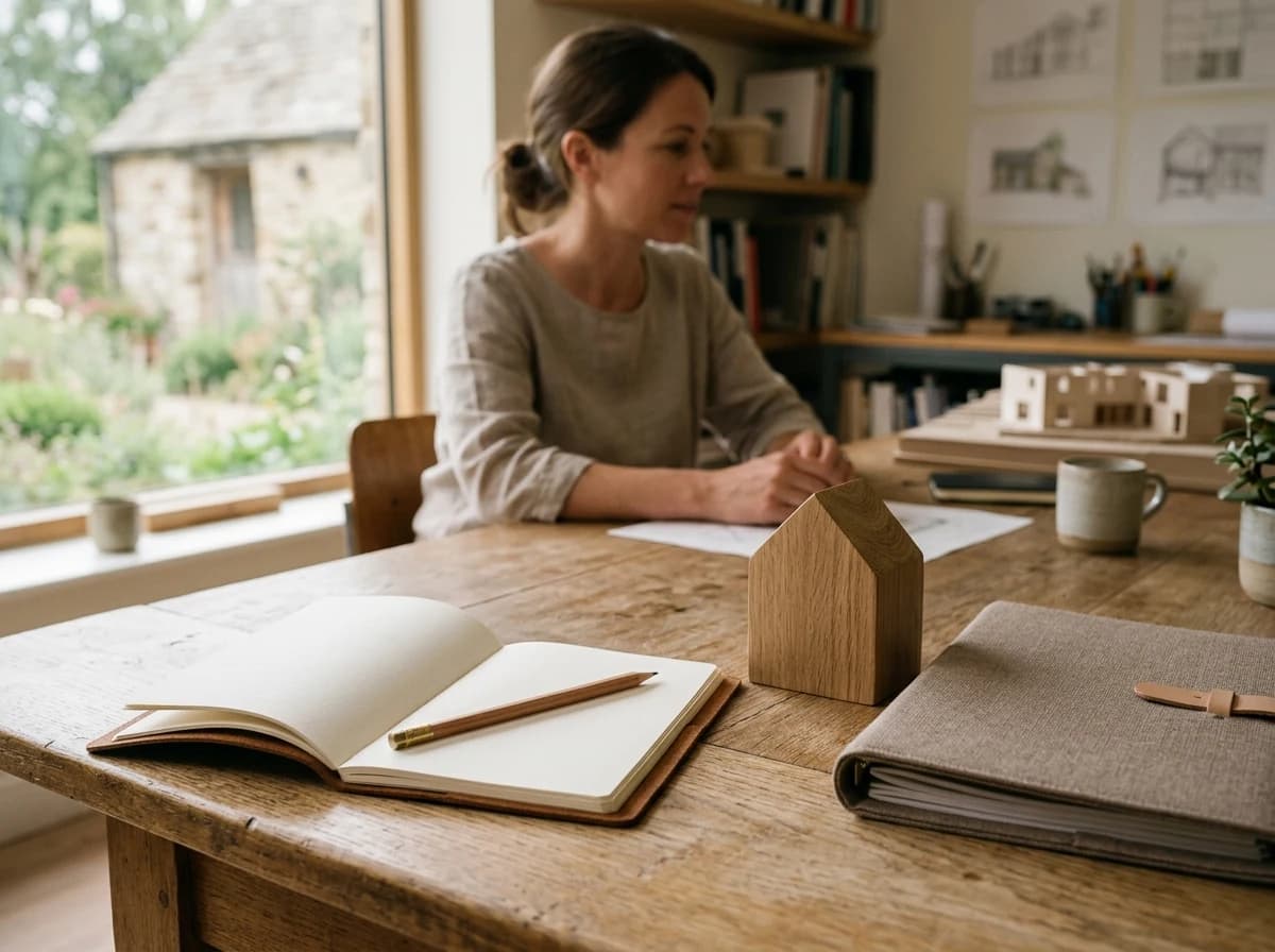 A notebook and wooden house model on a financial consultation desk.