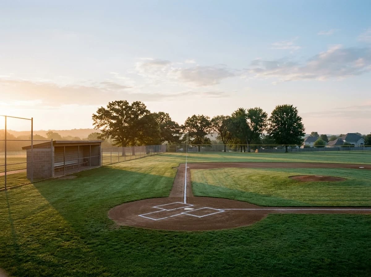 A pristine, empty baseball field with manicured grass and chalk lines at sunrise.