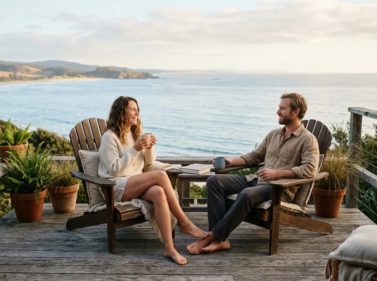 A happy couple relaxing on a beach house deck, enjoying coffee and the serene ocean view.