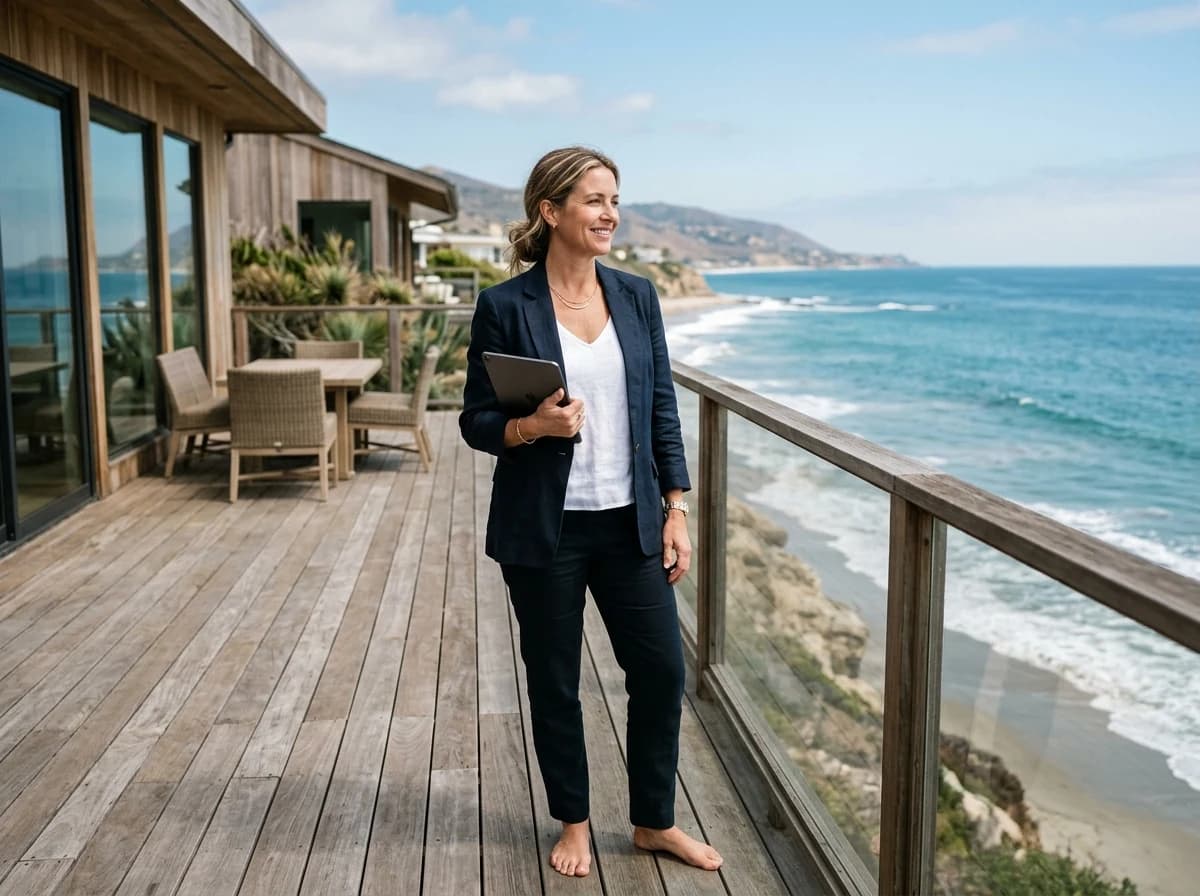 A professional, friendly property manager standing on a beach house deck, overlooking the ocean.