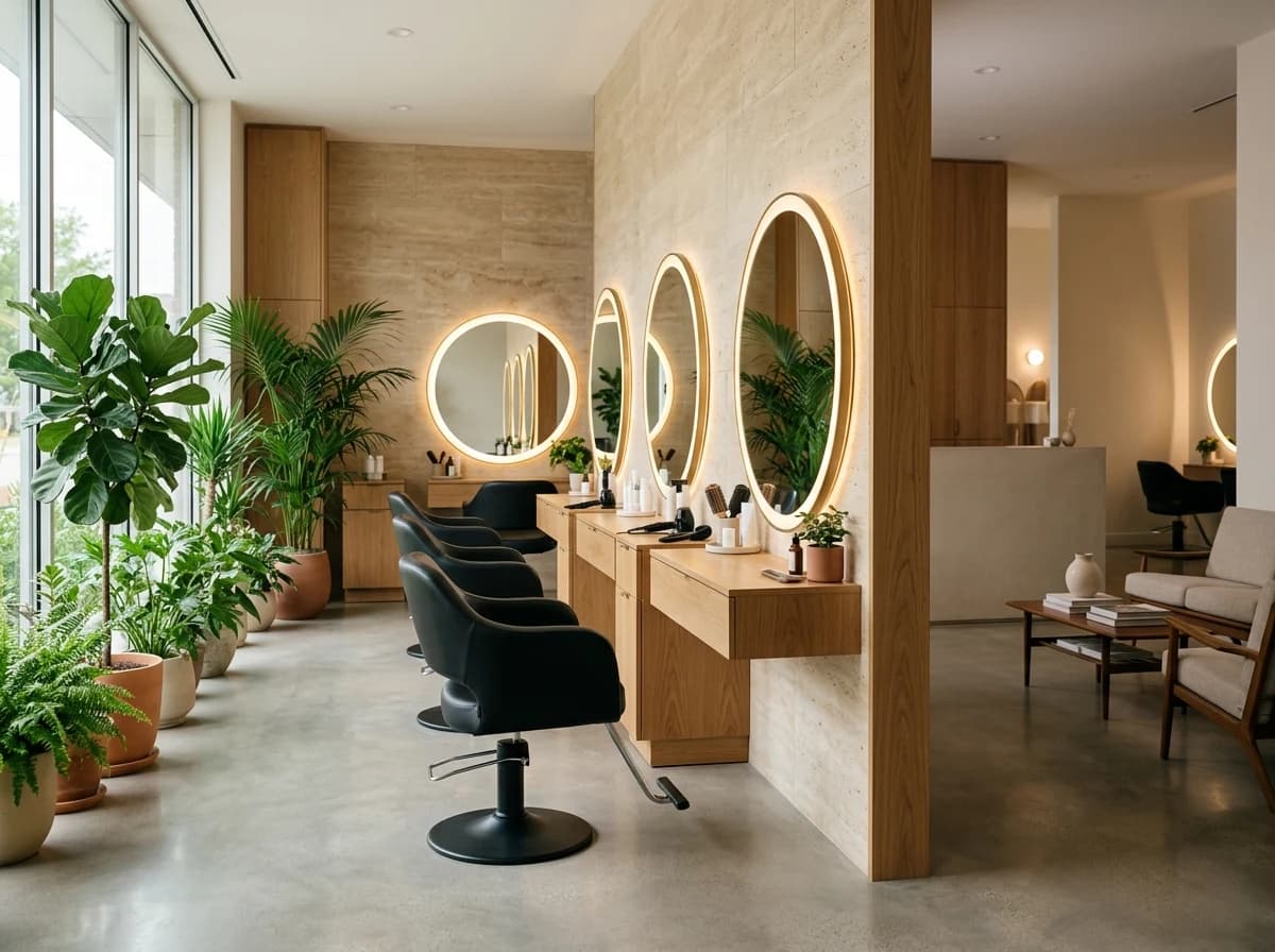 Clean, modern beauty salon interior with styling chairs, mirrors, and plants, ready for clients.
