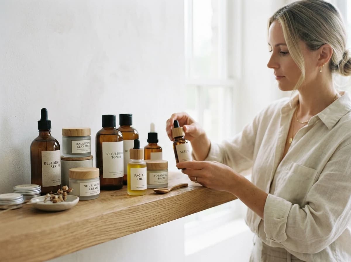Elegant display of high-end skincare products in glass bottles and jars on a softly lit shelf.