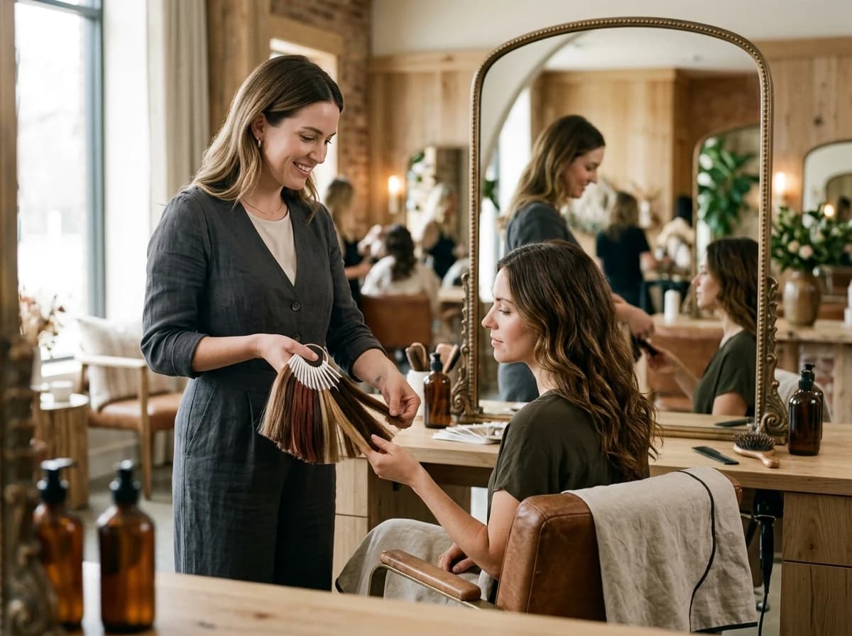 Hair stylist showing hair swatches to a female client during a color consultation at a salon station.