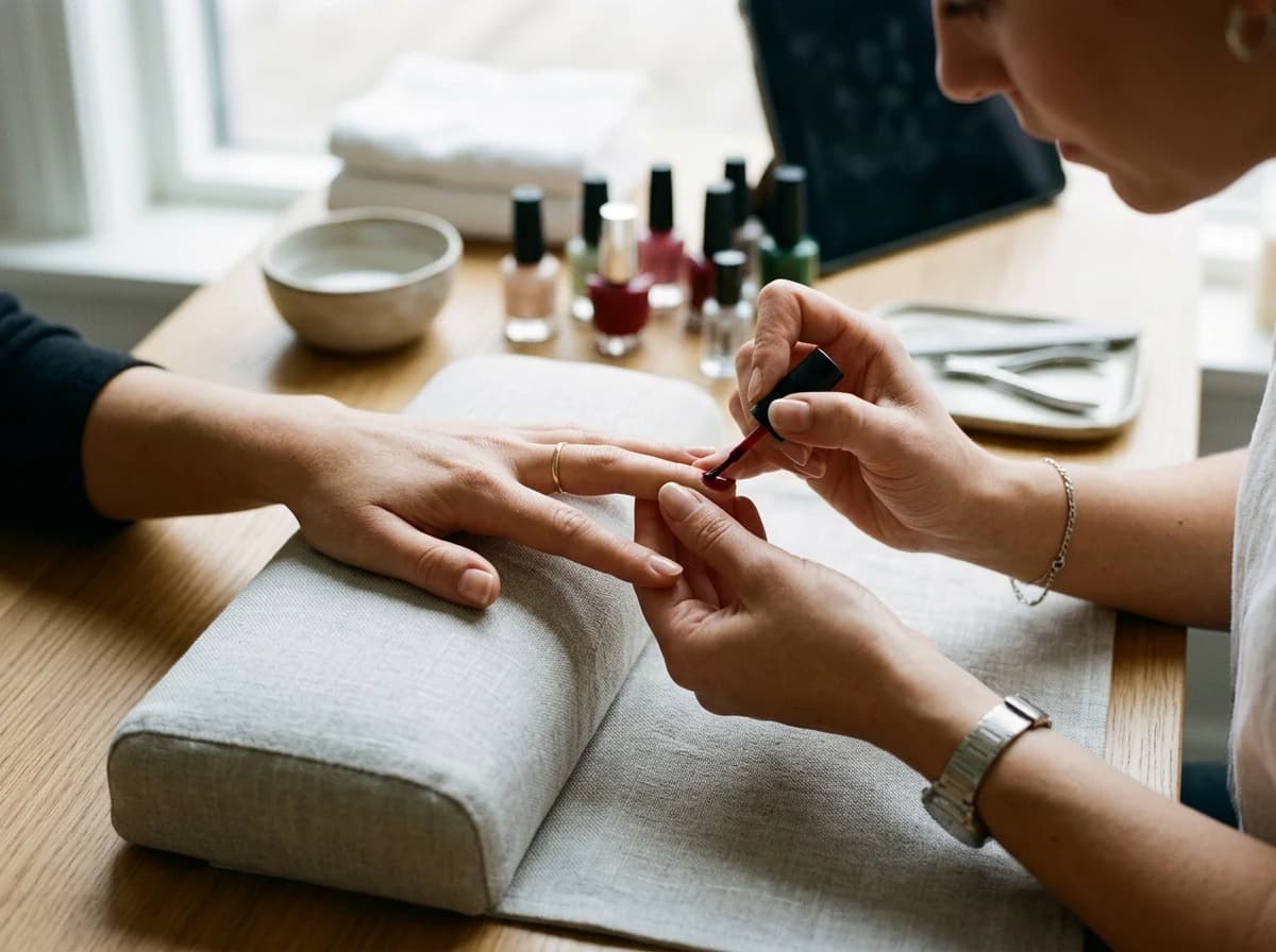 Close-up of a nail technician carefully applying polish to a client's hand during a manicure.