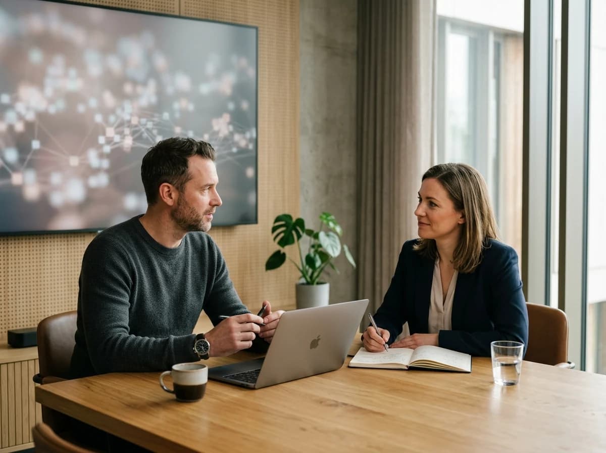A blockchain consultant advising a client on Web3 strategy in a professional, modern meeting room.