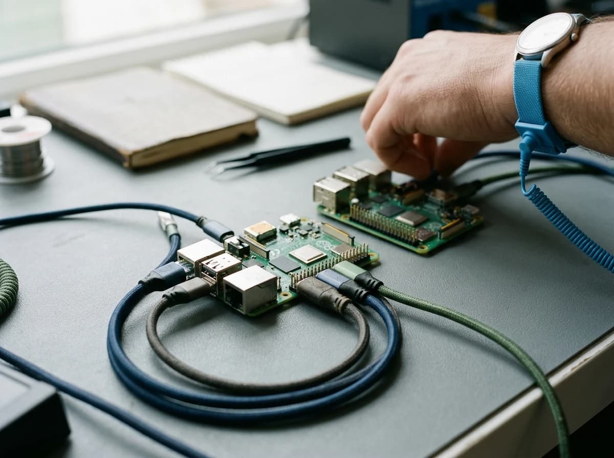 Detailed macro photograph of two physical single-board network computers and braided data cables on an antistatic workbench, restrained lighting, no holograms