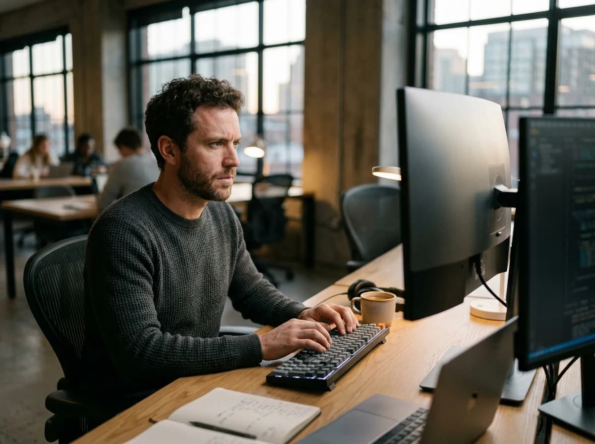 Focused male blockchain developer with intense expression, hands on keyboard, working in a modern office.