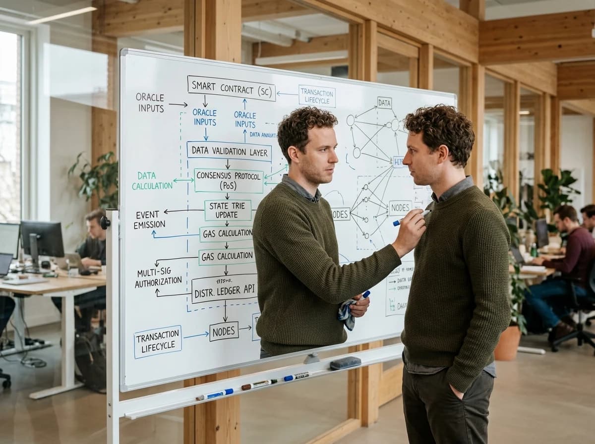 Whiteboard filled with complex smart contract logic, flowcharts, and diagrams, illustrating blockchain development.