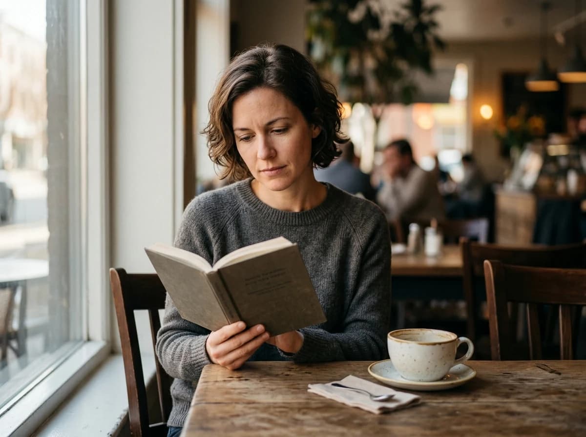 An adult, casually dressed, is comfortably seated at a cafe table, deeply engrossed in reading a physical book. A ceramic coffee cup and saucer are on the table next to the book, suggesting a relaxed and focused experience. The background shows blurred cafe activity, maintaining focus on the reader and the book.