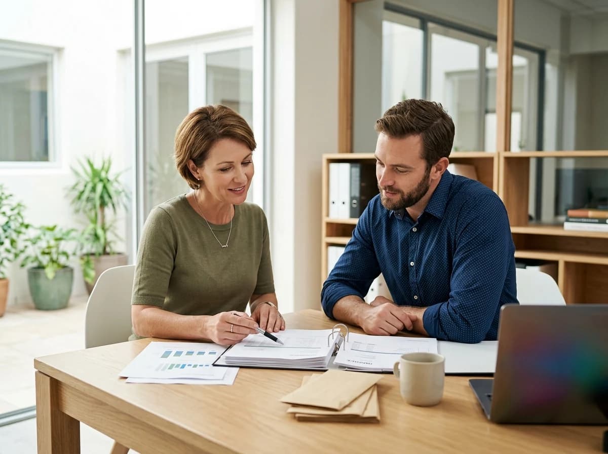 Professional bookkeeper advising a small business owner over financial documents in a modern office.