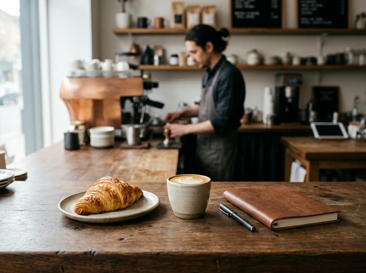 Carefully presented coffee and croissant at an independent cafe counter, with a reviewer’s closed notebook and pen nearby.