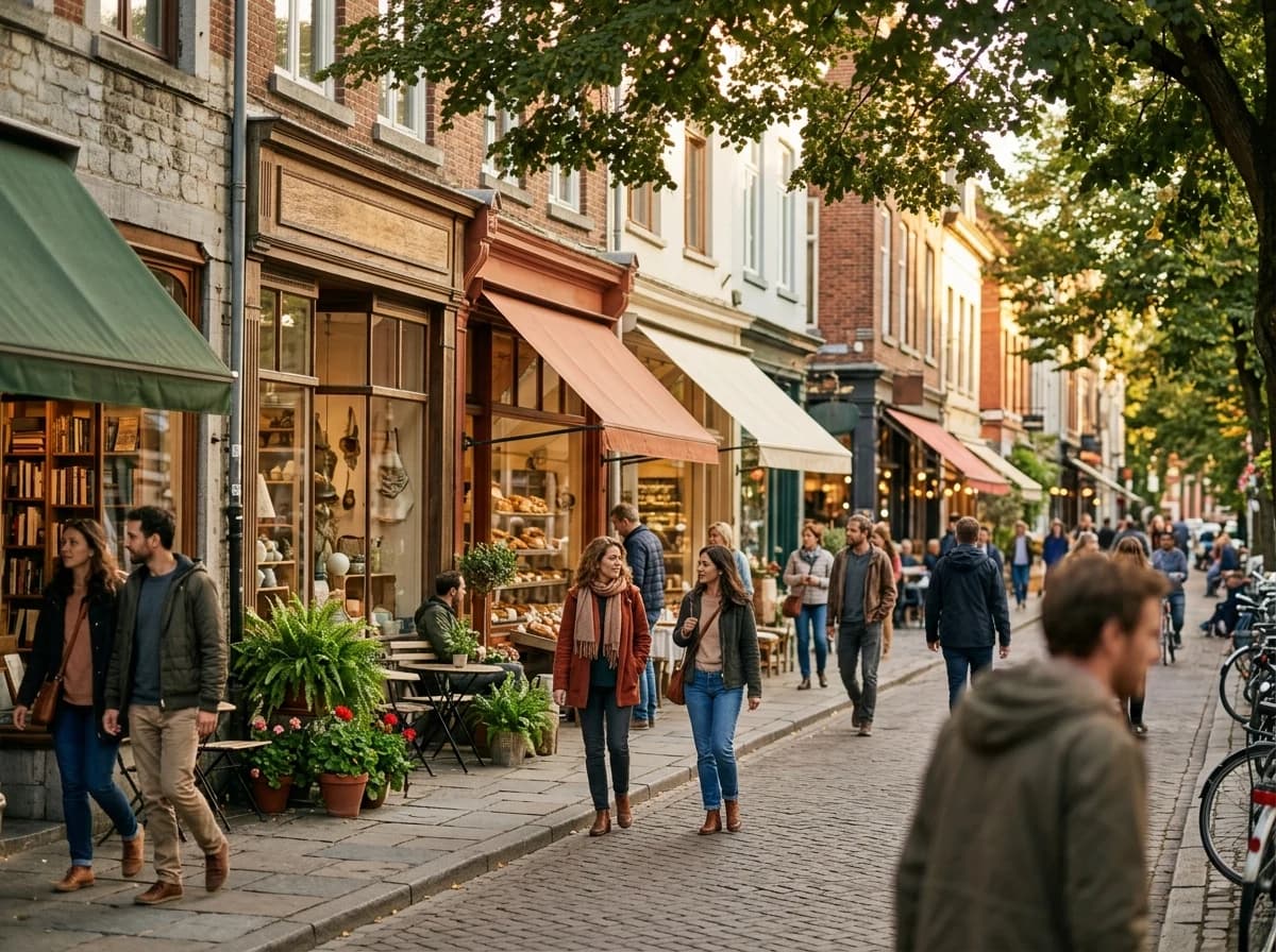 Bustling street scene with diverse local businesses and pedestrian activity.