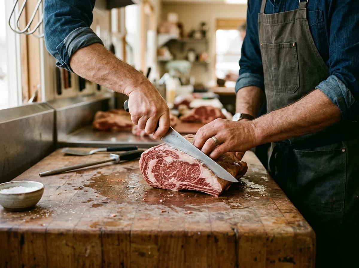 Skilled butcher's hands expertly slicing a large cut of meat on a block with a sharp knife.