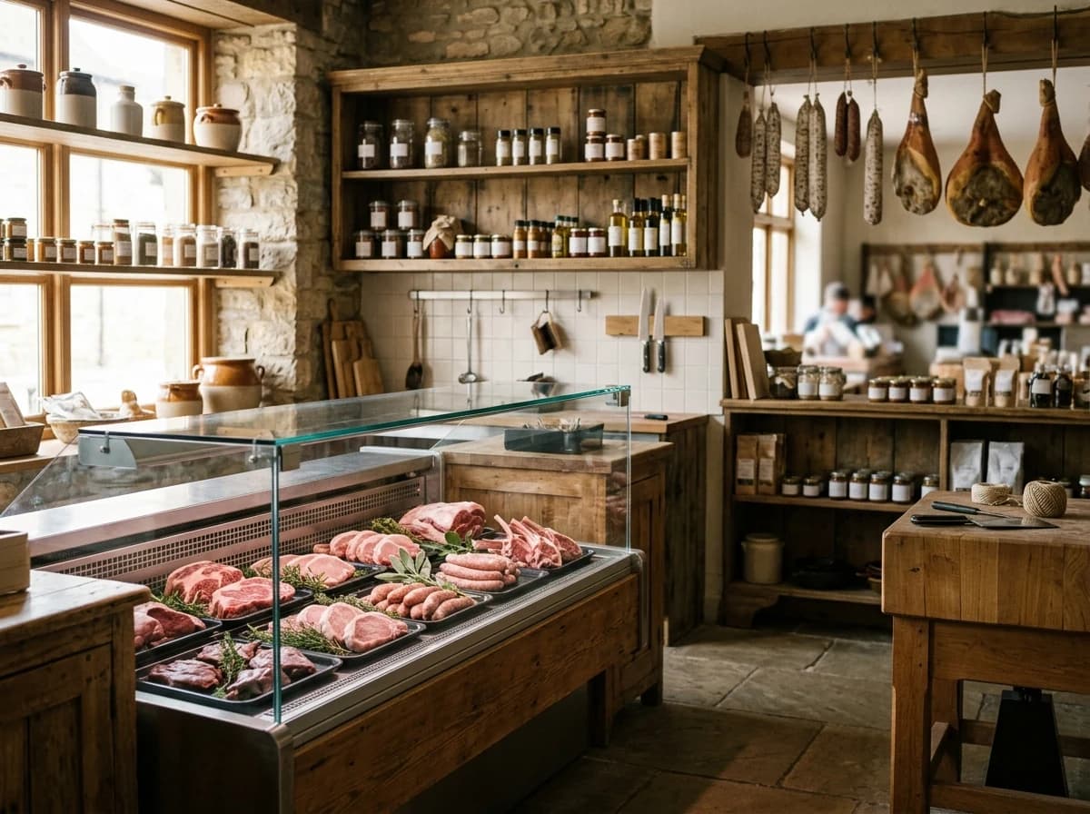 Inviting artisanal butcher shop interior with rustic wood, hanging meats, and display cases.