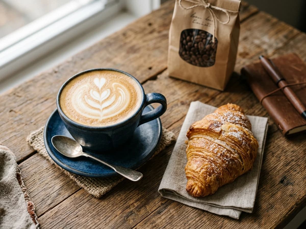Close-up of a beautifully crafted latte with intricate foam art, next to a flaky croissant on a wooden table.
