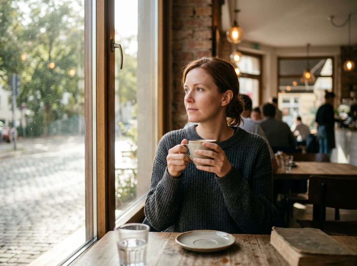 An adult customer sips coffee peacefully by a sunlit window in a cafe, absorbed in thought.