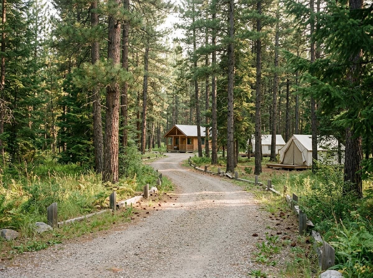Quiet gravel campground entrance winding among tall pines toward simple tent pitches in morning sunlight.