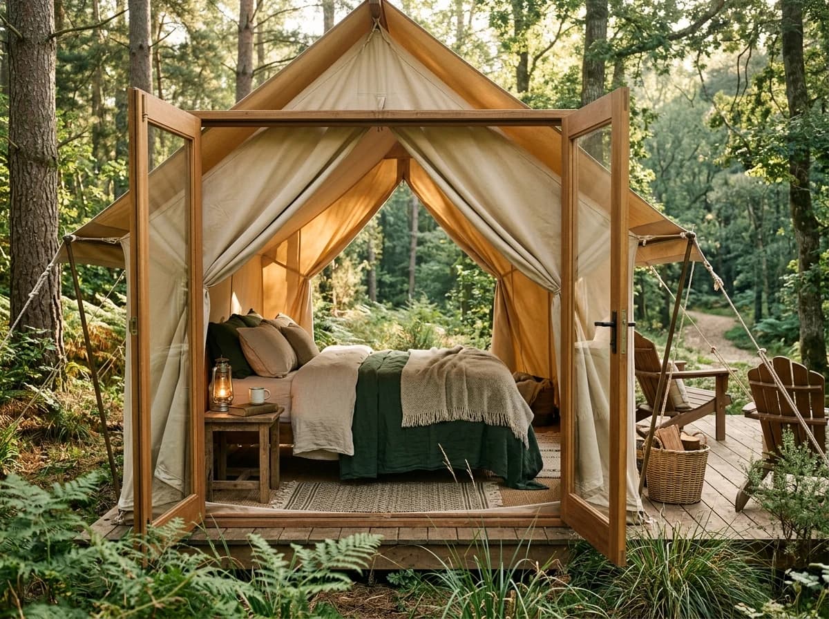 Luxurious glamping tent with comfortable furnishings nestled in a natural setting.