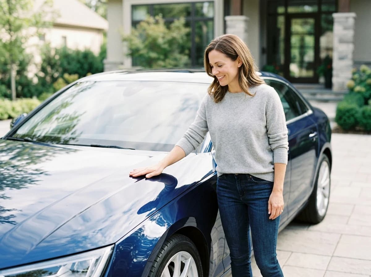 Adult customer smiling, admiring their freshly detailed car in a bright outdoor setting.