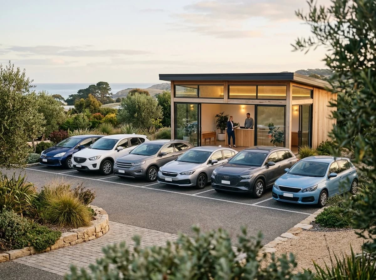 Rental cars lined up outside a glass-fronted office.