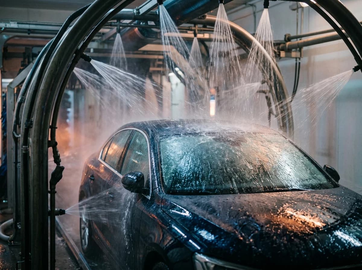 High-pressure water rinsing a car in an automatic car wash tunnel.