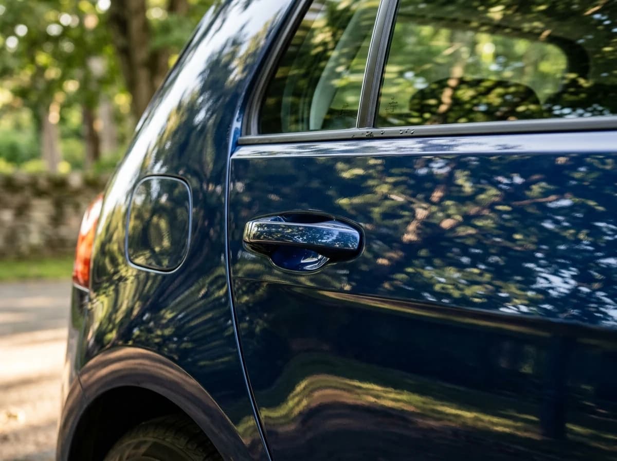 Detail of a freshly polished unbranded blue vehicle’s door and side window reflecting nearby trees.