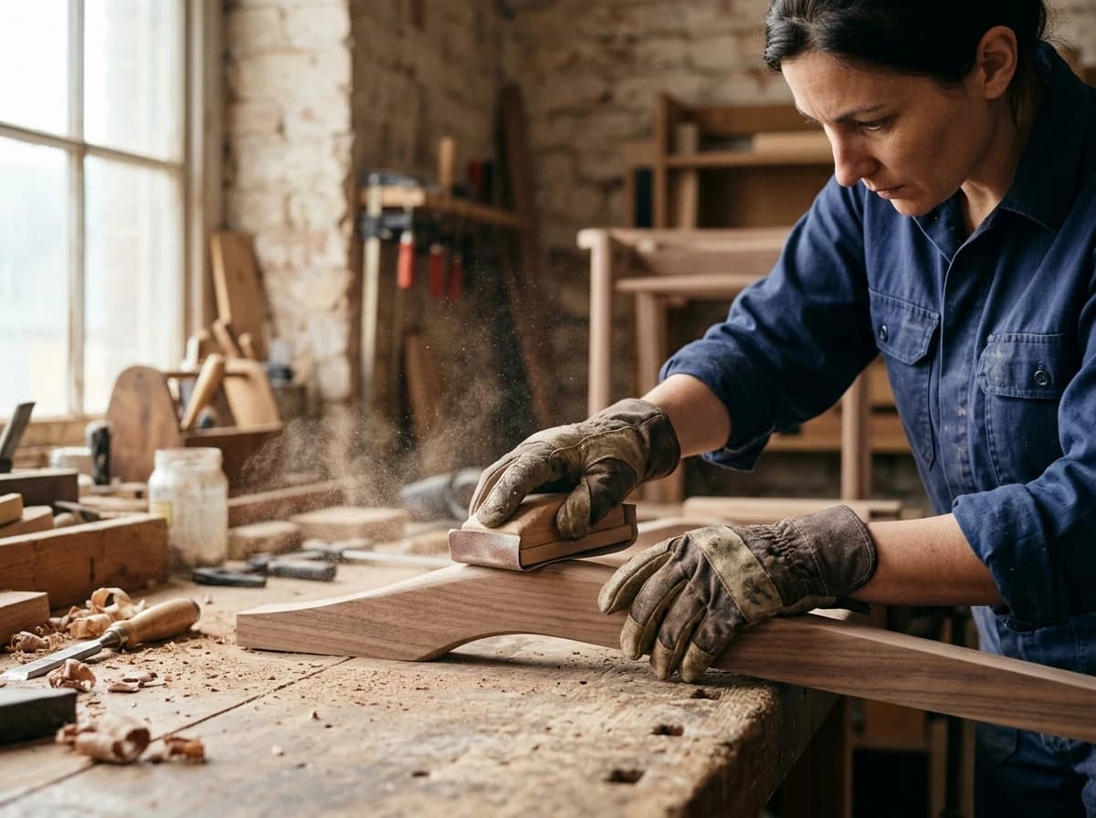 Carpenter's hands meticulously sanding a piece of wood, sawdust in the air.
