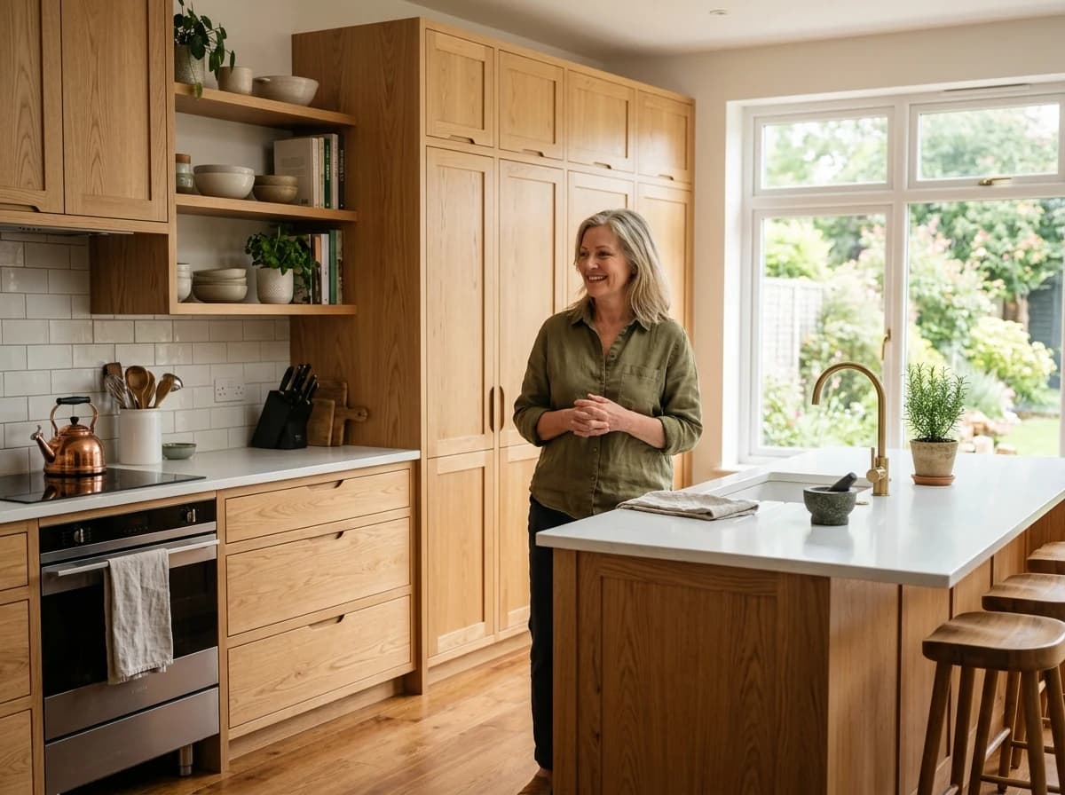 Satisfied client admiring newly installed custom kitchen cabinetry, bright and functional.