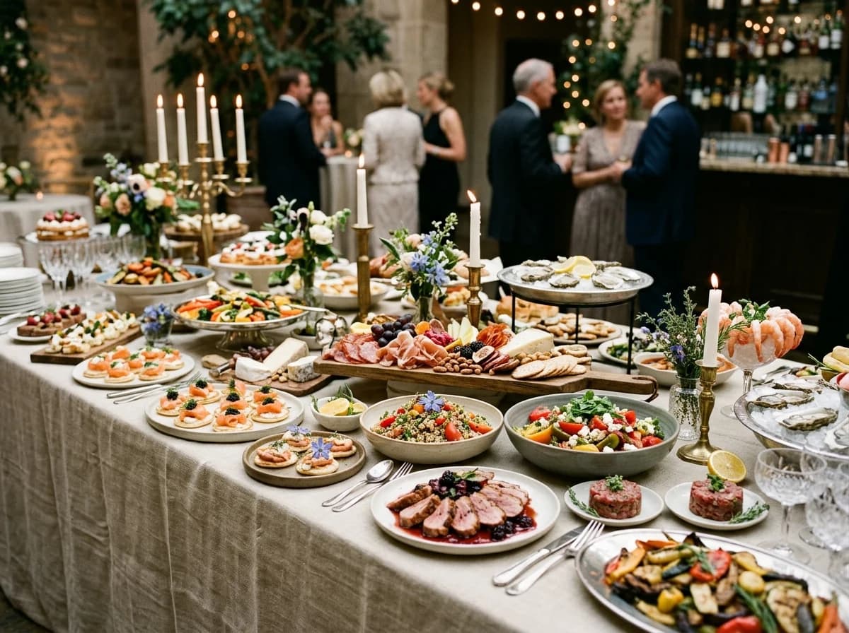 Luxurious catering spread featuring gourmet appetizers, fresh salads, and exquisite presentation on a long table.
