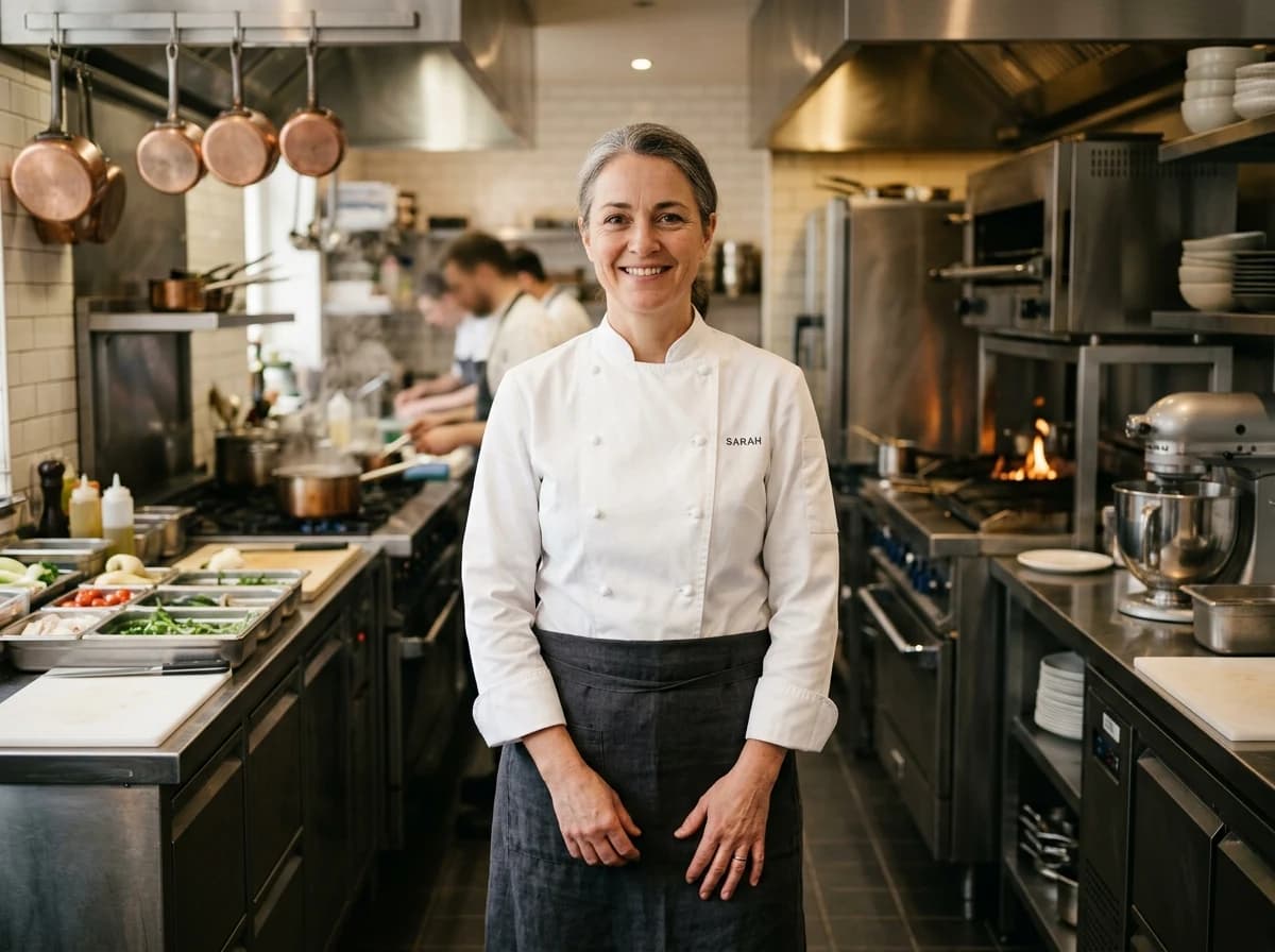 Confident female head chef in a clean kitchen, smiling, wearing a chef's jacket and apron.