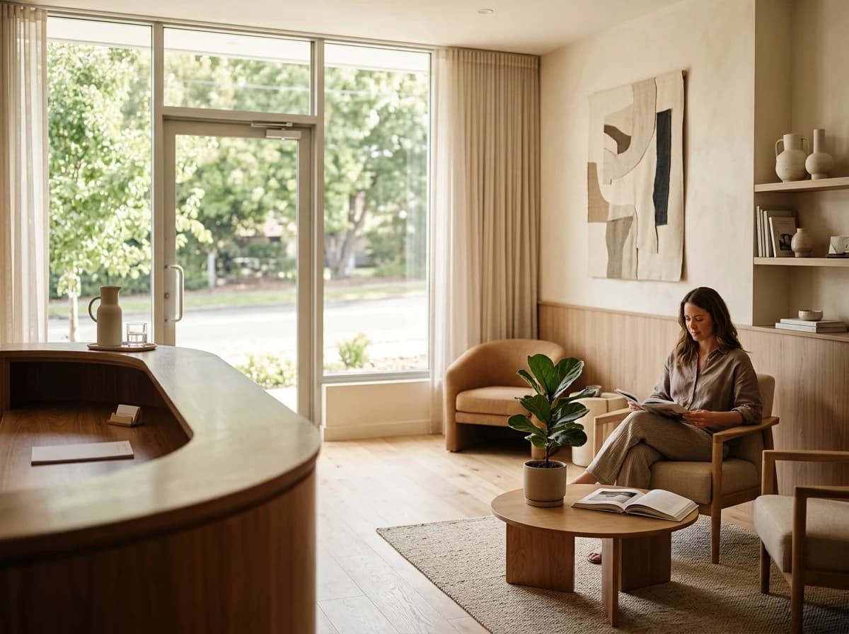 Bright, clean chiropractic clinic reception area with comfortable modern seating, natural light, and tasteful green plants, viewed from behind the desk towards the entrance.