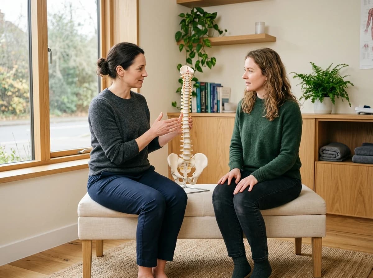 Chiropractor discussing seated posture with a fully clothed adult client
