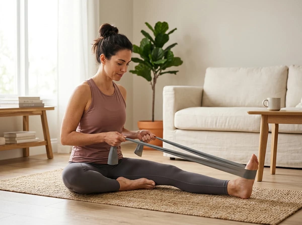 An adult woman performing a gentle stretch with resistance bands in a well-lit home living room, indicating participation in a home exercise program.